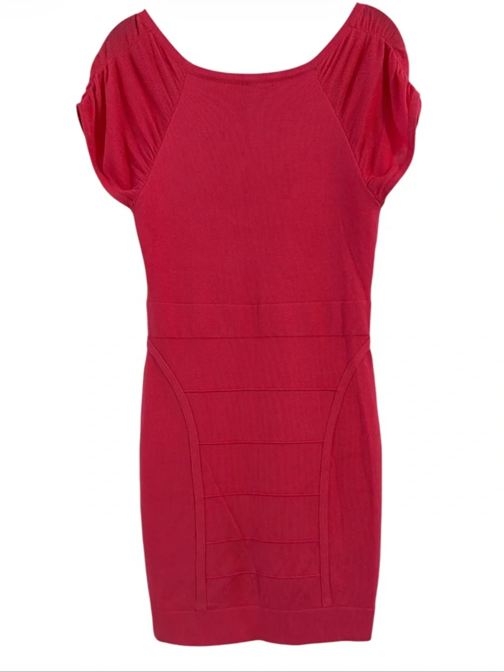 2b Bebe Pink Bandage Dress Cap Sleeve Ruched Bodycon Scoop Neck Mini Size L - Picture 2 of 9